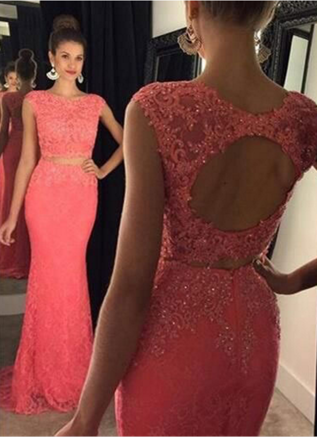 Sexy Two Piece Mermaid Open Back Coral Prom Dresses With Lace Beaded
