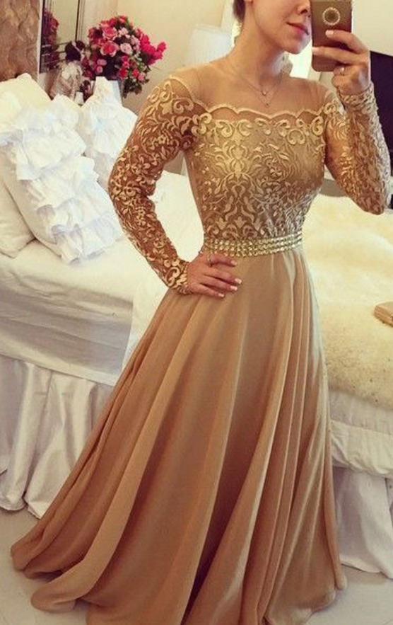 Elegant Long Sleeves Gold Prom Dresses Long Evening Dresses For Women