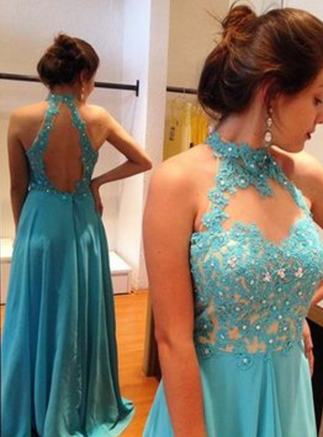 Elegant Long Blue Chiffon Prom Dress With Open Back