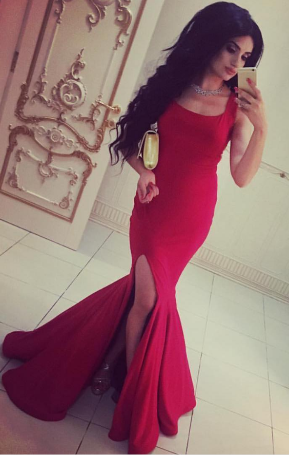 , Prom Dress,modest Prom Dress,long Red Jersey Prom Dress,elegant Formal Dress,slit Prom Dress,red Evening Gowns,prom Dress