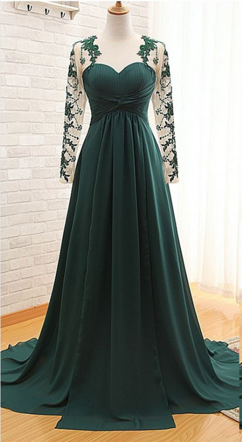 Custom Made Dark Green Floor Length Lace Appliquéd Mesh Long Sleeved Sweetheart Evening Dress Featuring Chapel Train And Keyhole Back