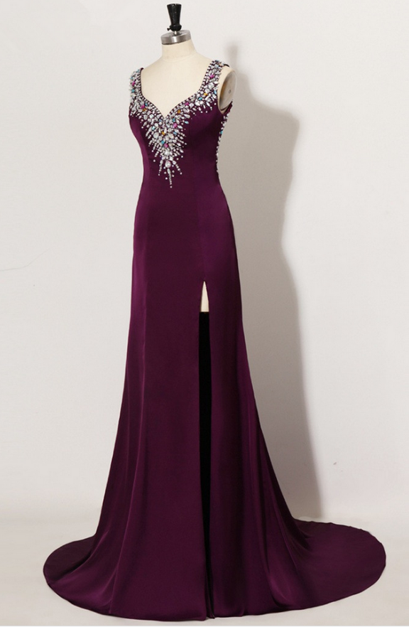 Purple Sleeveless V-neck Jewel Embellished Mermaid Long Prom Dress, Evening Dress Featuring Side Slit