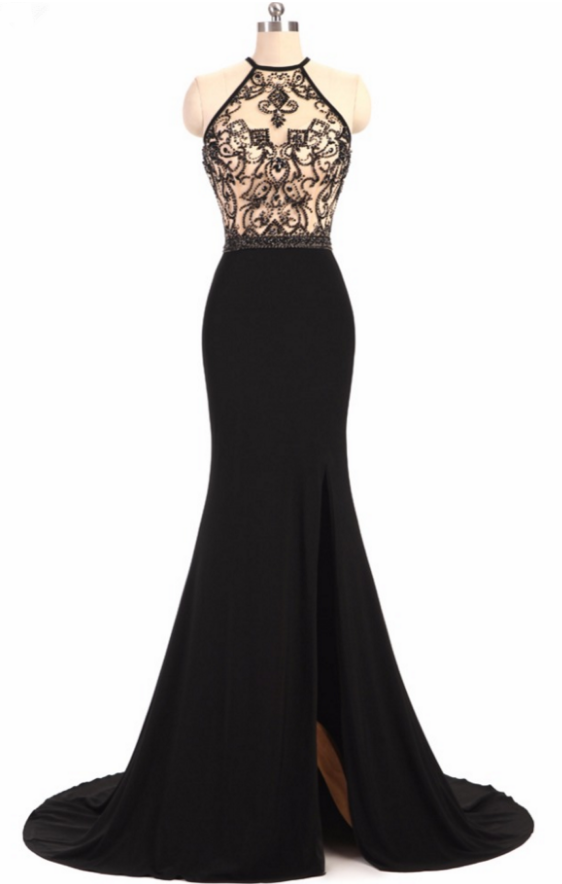 Halter Beading Mermaid Long Prom Dres, Evening Dress Featuring Side Slit And Crisscross Back