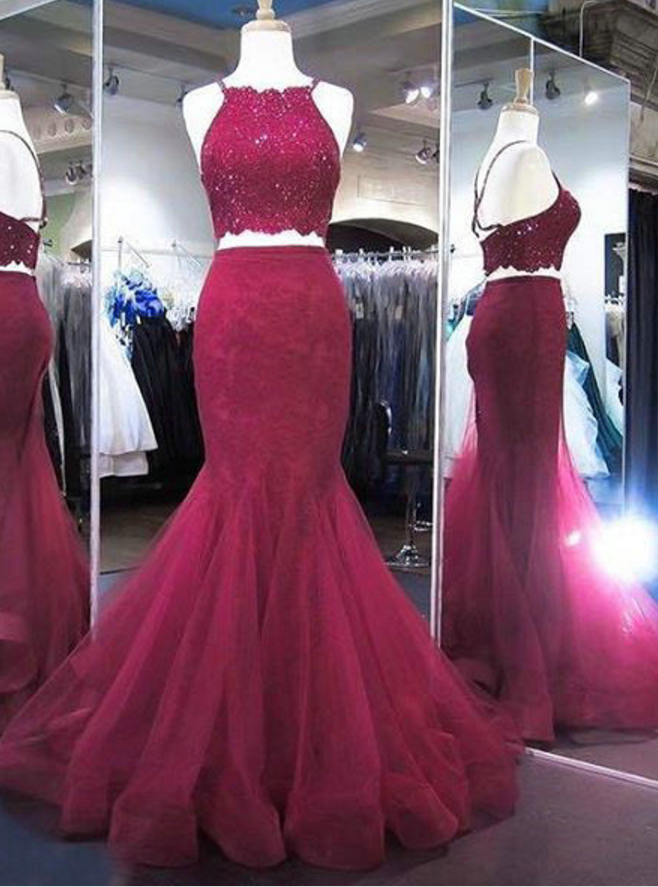 Cross Back Beads Mermaid Burgundy Prom Dresses,two Piece Prom Dresses,lace Prom Dresses,mermaid Evening Gowns,tulle And Lace Formal Dresses
