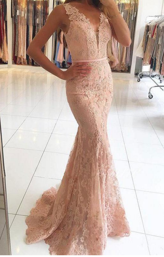 High Quality Mermaid V-neck Prom Dresses,sleeveless Pearl Pink Prom Dress,lace Long Prom Dress,evening Dresses With Sweep Train,evening