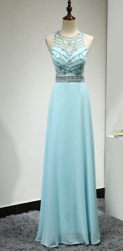 A-line Floor Length Beaded Chiffon Jewel Open Back Prom Dress, Prom Dress,elegant Party Dress,light Blue Prom Dress