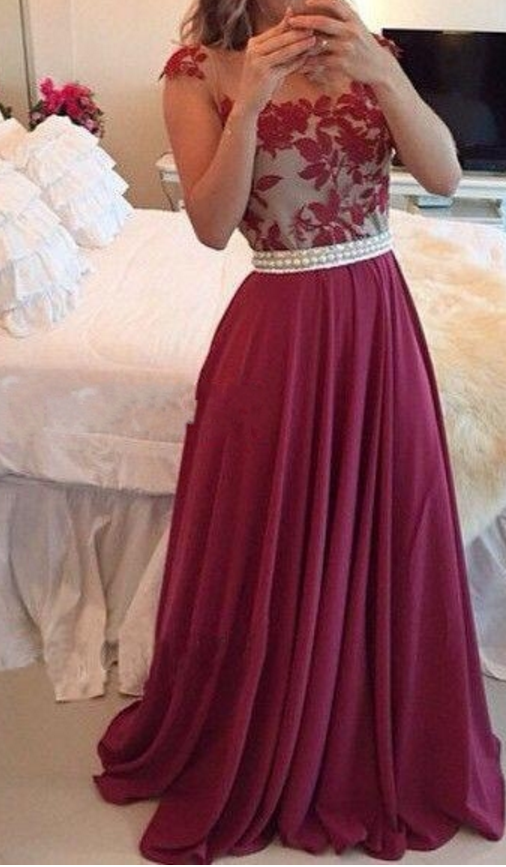 Wine Red A-line Jewel Open Back Appliques Chiffon Prom Dress,Floor length Prom Dress,2017 prom dress,Sexy Party Dress