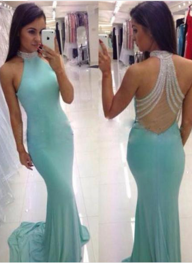 Sexy Prom Dress,sexy Beads Tiffany Blue Mermaid Dress, Long Prom Dress,backless Party Dresses