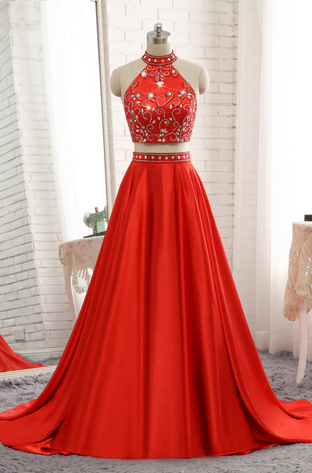 High Neck Two Pieces Prom Dresses Long 2018 Crystal Beading Sequins Open Back Evening Gowns Special Occasion Dresses Girls