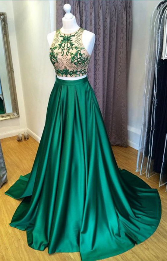 Two Pieces Prom Dresses,green Prom Dresses,beaded Prom Dresses,prom Dresses For Teens,cute Dresses,elegant Prom Gowns,formal Evening Dresses