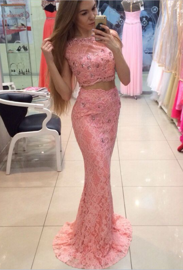 Pink Prom Dress,two Pieces Prom Dresses,mermaid Prom Dresses,lace Prom Dress,evening Dresses,cute Dresses,long Prom Dresses For Teens