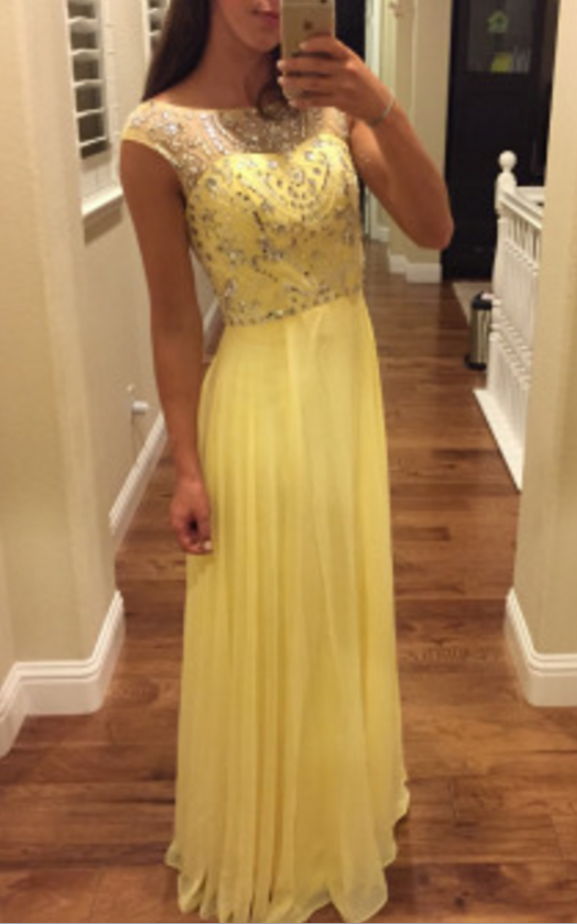 Yellow Chiffon Prom Dresses,prom Dresses， Prom Dress,a Line Prom Dress, Crystal Beaded Evening Dress, Formal Dress