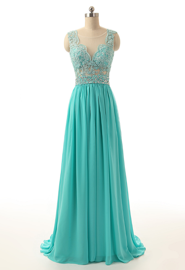 Turquoise Dresses Sheer Neck Back See Through Turquoise Blue Long ...