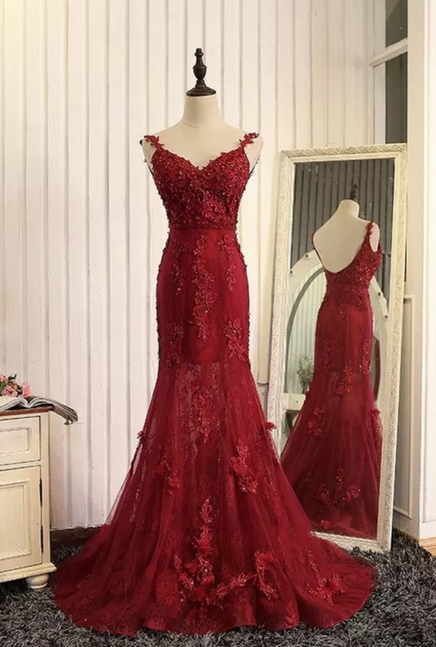 Wine Red Evening Dress,prom Dress,mermaid Evening Gowns,burgundy Prom Dress,lace Prom Dress,high Quality Dresses