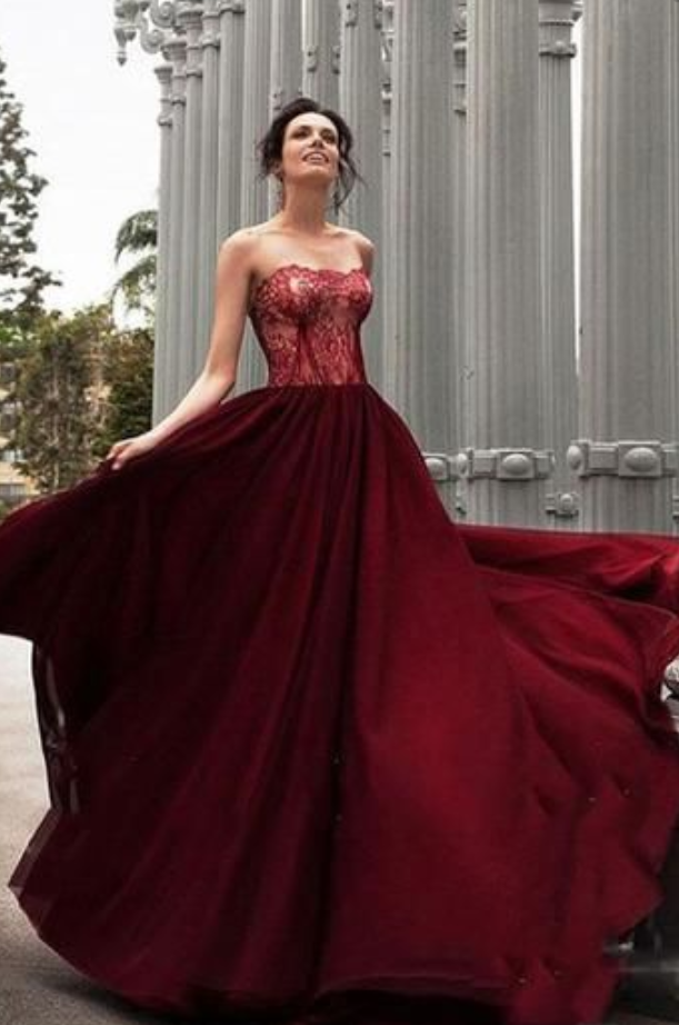 Glamorous A-line Strapless Burgundy Long Evening Dress With Lace,lace ...