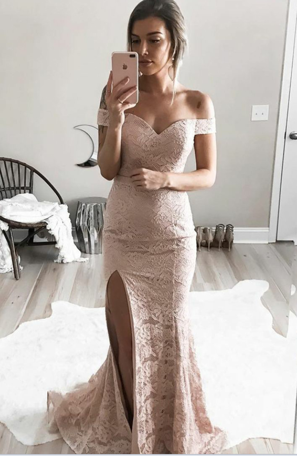 Trendy Mermaid Off-the-shoulder Split-side Lace Long Prom/evening Dress With Sweep Train