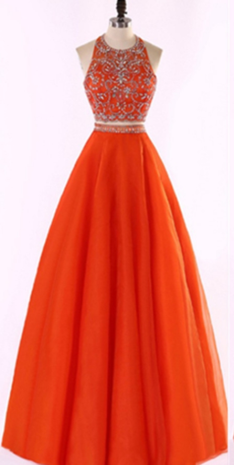 Ball Gown Sleeveless Halter Beading Floor-Length Tulle Prom Dresses