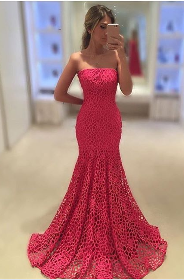 Custom Made Fuchsia Pink Bandeau Neckline Lace Floor Length Mermaid Prom Dress