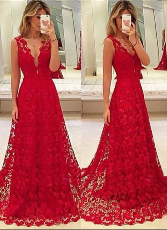 Custom Made Red Lace Prom Dress,v-neck Party Dress,sleeveless Party Dress,high Quality