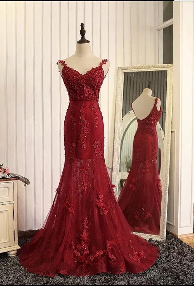 Wine Red Evening Dress,mermaid Evening Gowns,burgundy Prom Dress,lace