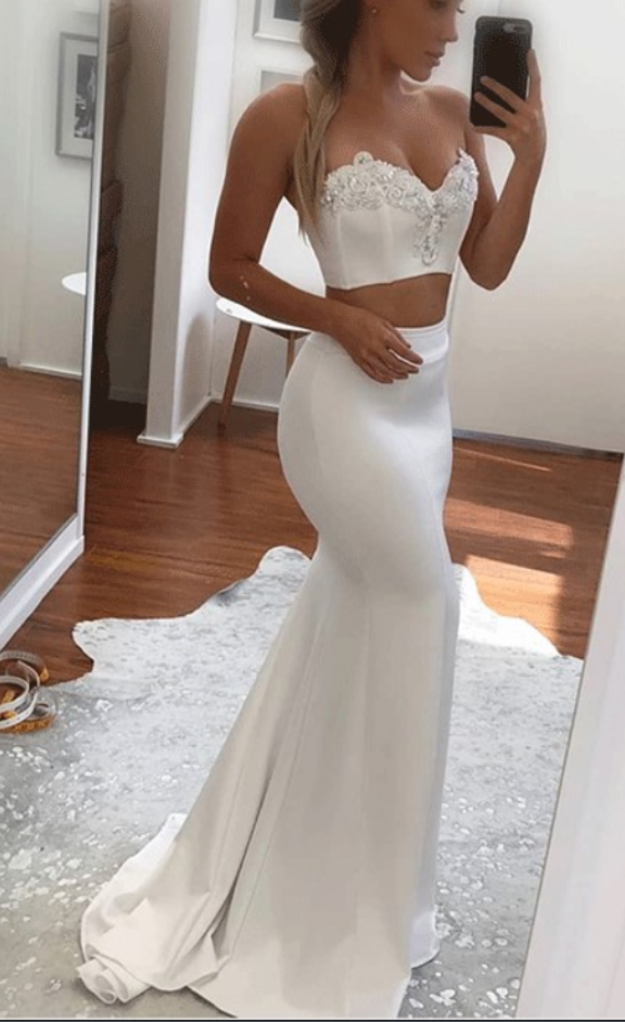 fitted lace wedding dress White Two Pieces Mermaid Wedding Dress Sexy Beach Wedding Dress Y1386 –  Simplepromdress