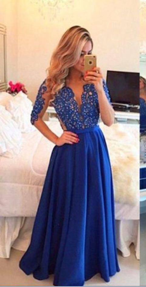 Long Prom Dresses,navy Blue Prom Dresses,half Sleeve See-through Evening  Dress,formal Dress, Evening Gown,prom Dresses