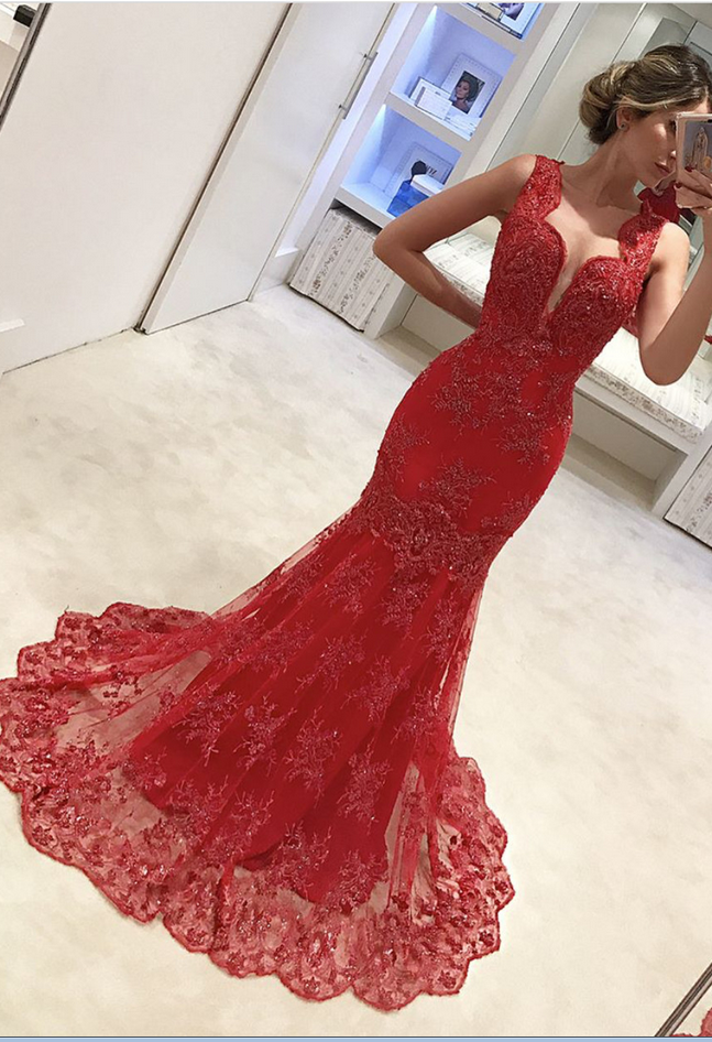 Prom Dresses ,red Evening Dress, Mermaid Evening Dress, Lace Applique Evening Dress