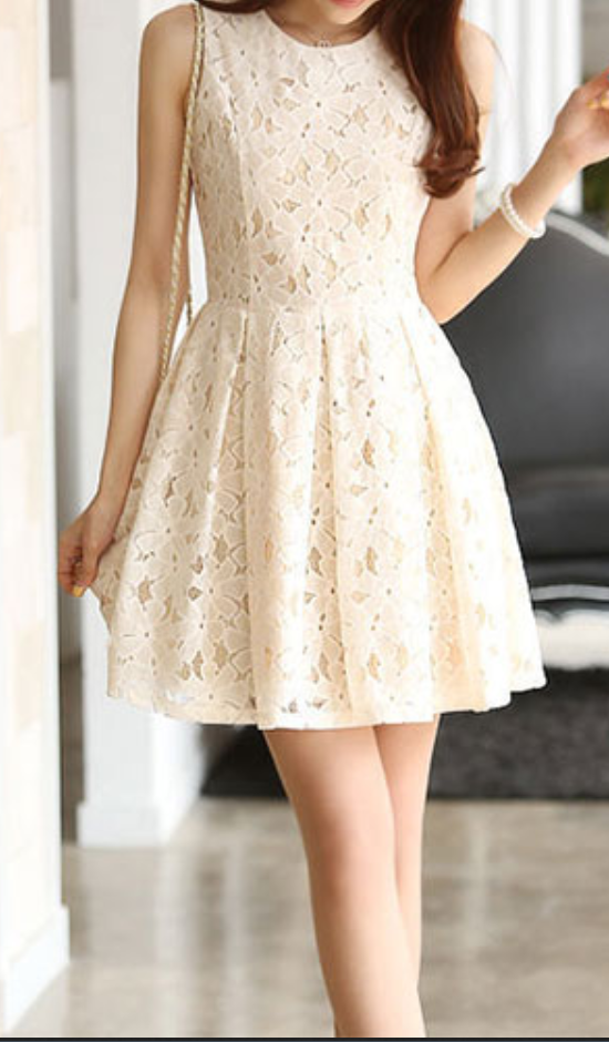 Sleeveless Beige Bodycon Lace Skater Dress Ruffled Skirt Tunique
