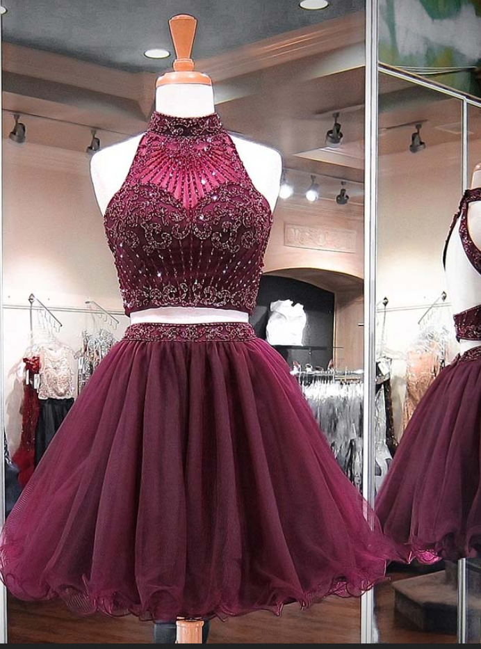 Sexy Two Pieces Burgundy  Lace Beaded Short Homecoming Dresses 2018, CM558