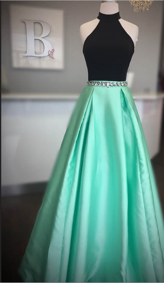 Elegant High Neck Two Piece Black And Mint Green Long Prom Dress,high