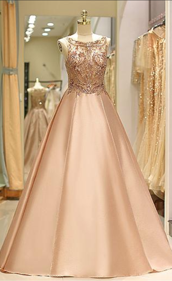 Modest Satin Jewel Neckline Floor-length A-line Prom Dress With Beadings