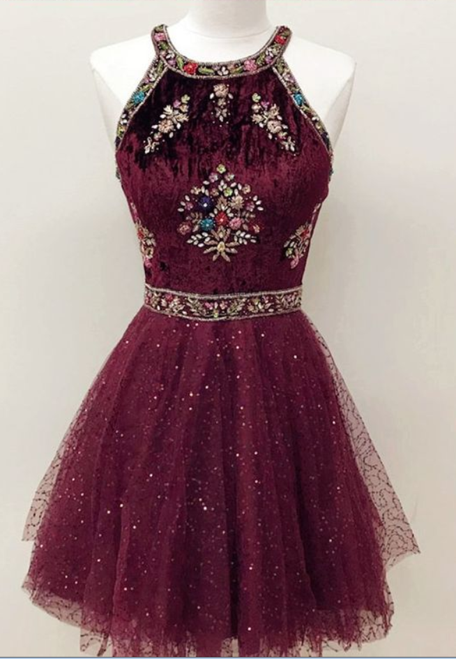 Sparkly Halter Burgundy Short Homecoming Dress With Beading