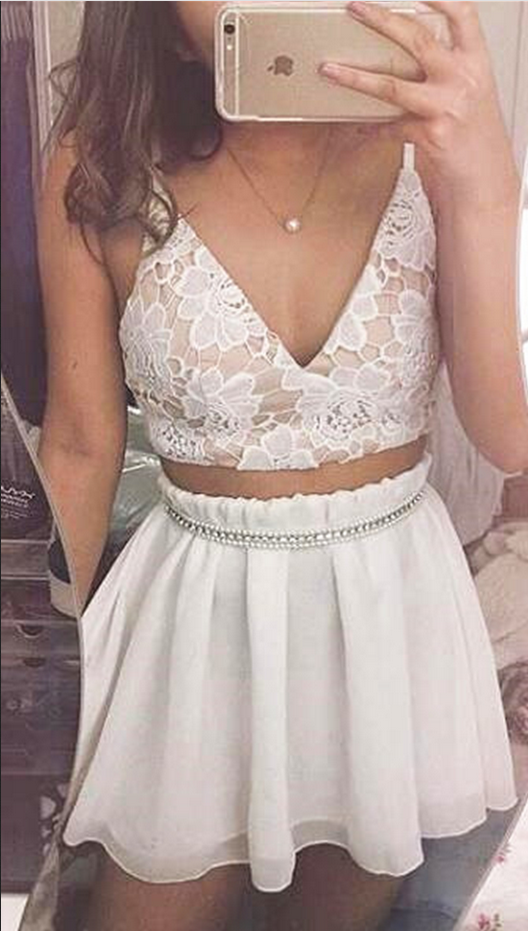 Homecoming Dress, Prom Dresses,homecoming Dresses,two Piece Homecoming Dress,v Neck Mini Dress,a Line Party Dress,lace Applique Party Dress,short