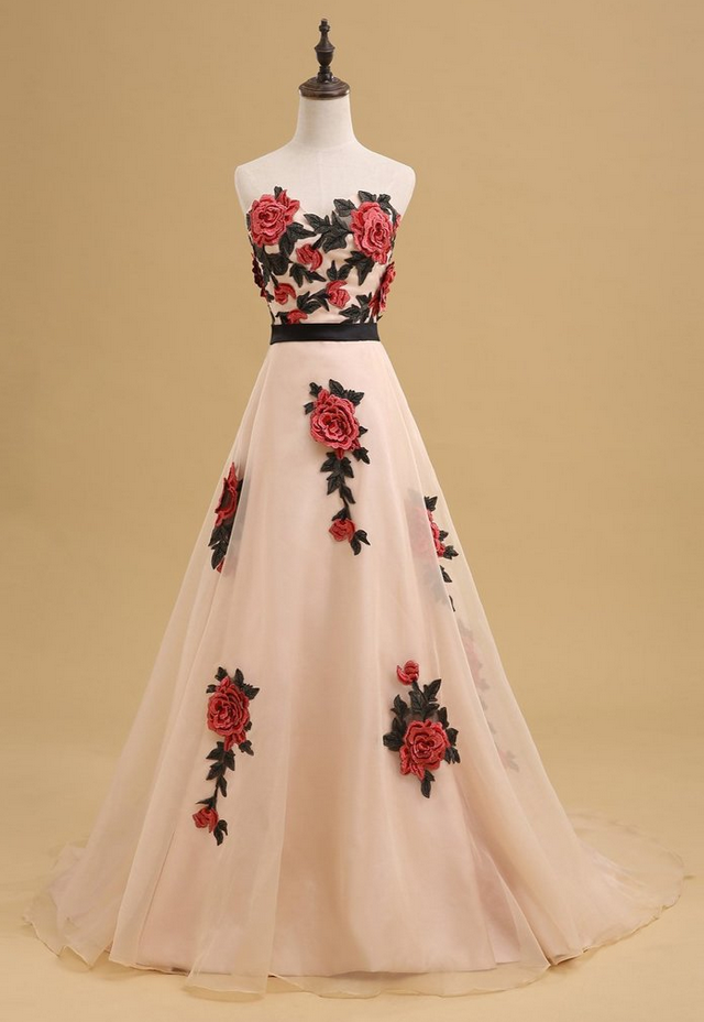 Sweetheart Hand Made Flower A-line Long Evening Prom Dresses