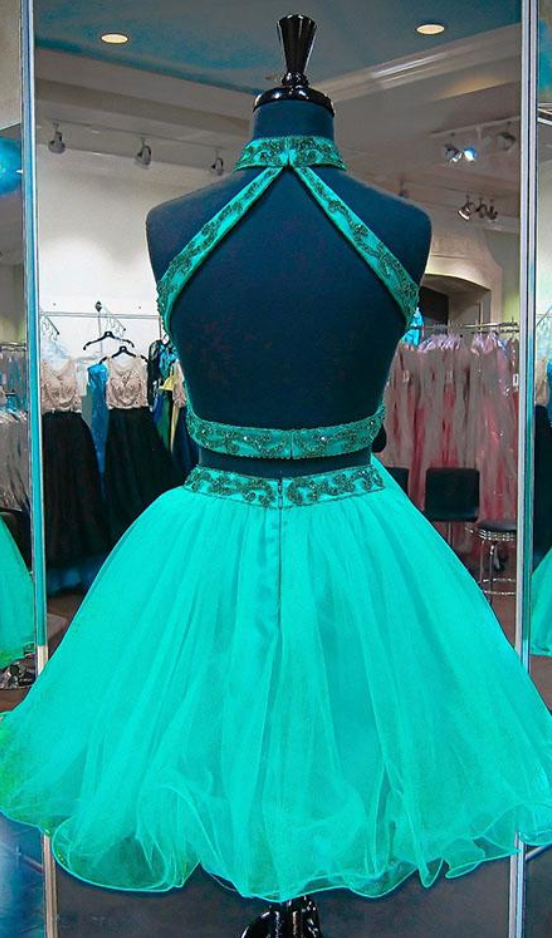 Emerald Green Two Piece Dresses Beadings Stylish Short Tulle
