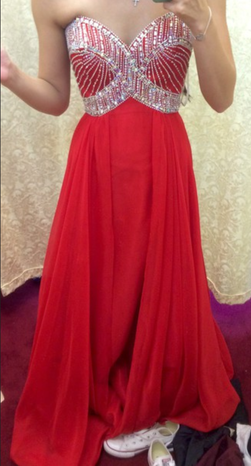 Sweetheart Neck Red Long Chiffon Prom Dresses With Crystals Floor Length Party Dresses