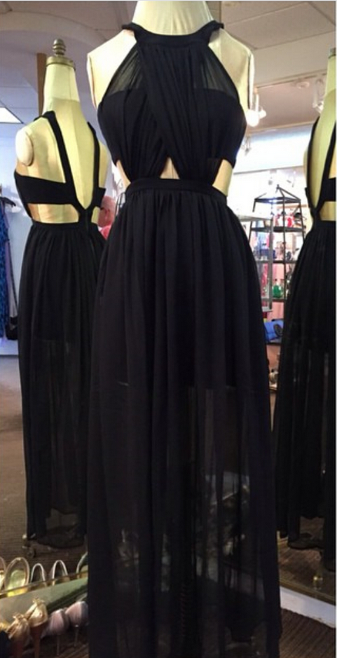 Sexy Long Black Chiffon Evening Gowns Pleat Floor Length Party Dresses Custom Made Women Dresses