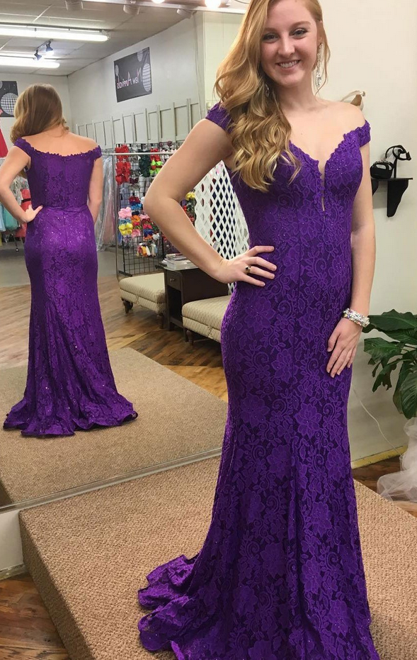 Charming Off The Shoulder Prom Dresses,mermaid Purple Prom Dresses,lace Long Prom Dresses