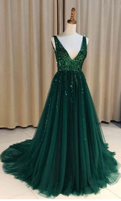 Special V Neck V Back Tulle Green Long Prom Dresses With Sequined For Women
