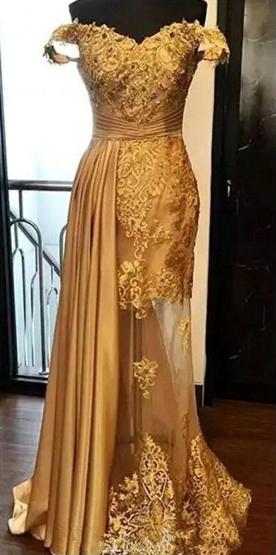 Gold Off Shoulder Prom Dresses Lace Appliques See Through Evening Gowns  Ruffles Satin Formal Party D on Luulla