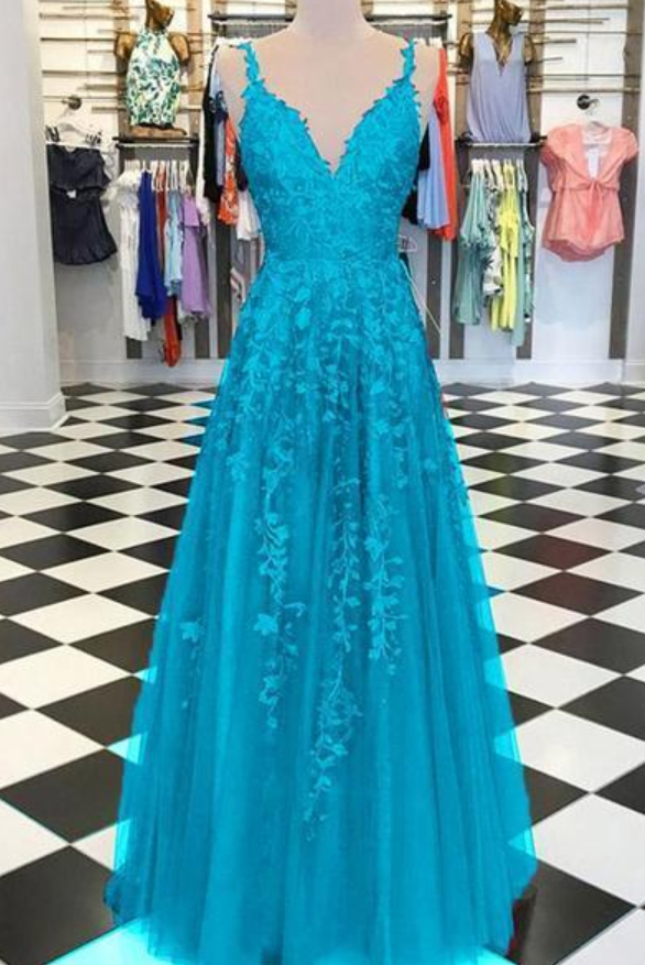 Burgundy /turquoise /green Lace Appliques Prom Dresses With Straps, Long Evening Dress