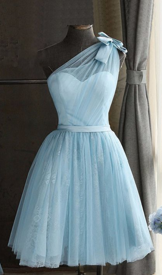 Baby Blue Tulle One Shoulder Short Prom Dress, Bowknot Homecoming Dresses