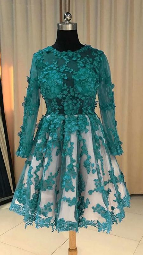 Lace Prom Dresses Green Round Neck Lace Tulle Short Prom Dress, Green Lace Bridesmaid Dress