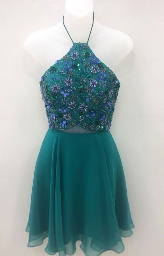 A Line Green Chiffon Short Prom Dresses,sequins Cute Mini Homecoming Dresses,  Sleeveless Party Dress on Luulla