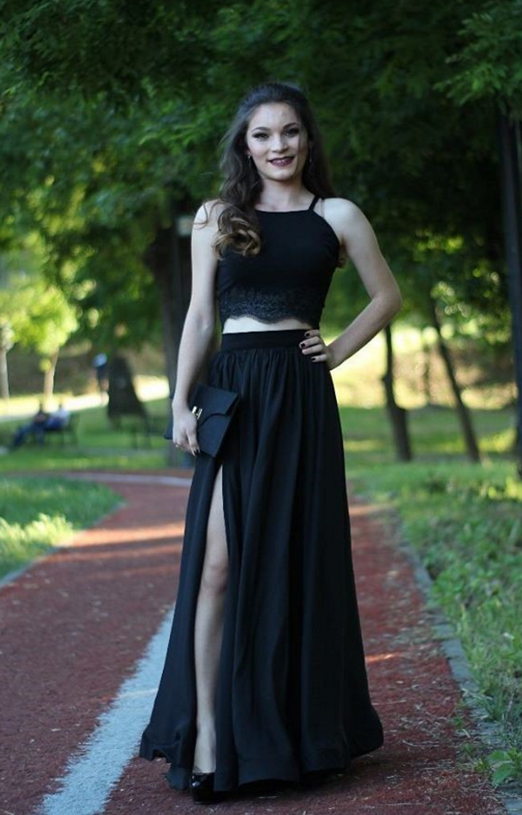 Elegant Black Two Piece Prom Dress, Long Party Dress, Formal Gown With Spaghetti Straps 2 Pieces High Quallity Chiffon Fabric