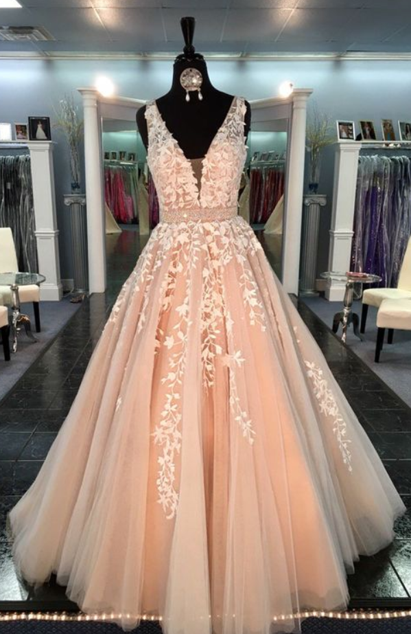 Lace Prom Dresses, Long Prom Dresses, Prom Dresses With Appliques, Tulle Prom Dresses, Backless Prom Gowns, Pageant Gowns,