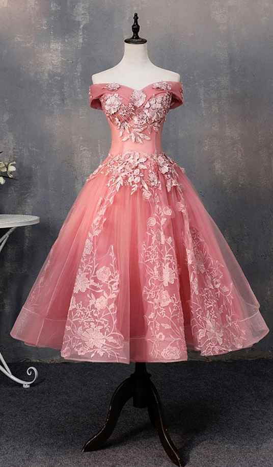 Pink Tulle Lace Off Shoulder Short Prom Dress, Pink Evening Dress