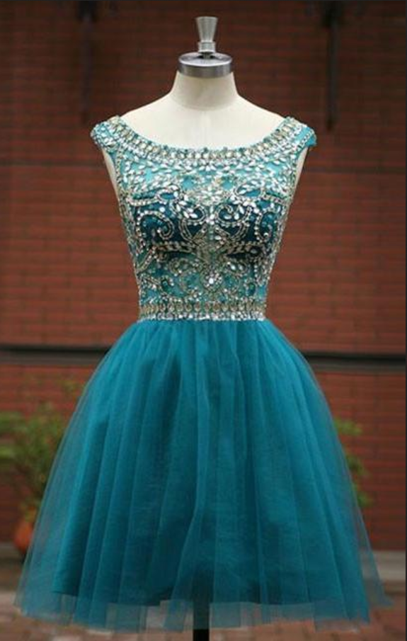 Green A -line Round Neck Tulle Short Prom Dress, Green Homecoming Dress