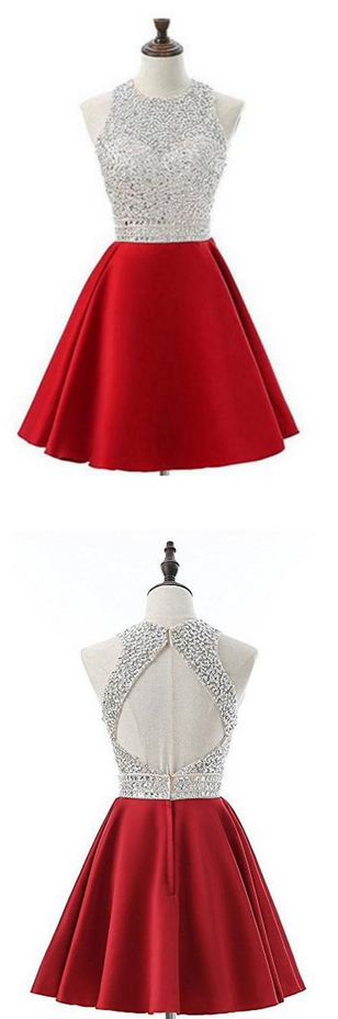 Red Jewel Satin Short Homecoming Dress,prom Dress With Beads, A Line Sparkly Homecoming Dresses