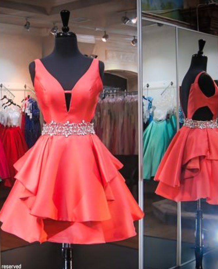 Coral V-neck Short Homecoming Dress, Backless, Satin, Charming Red Homecoming Dress, Above-knee Prom Dresses
